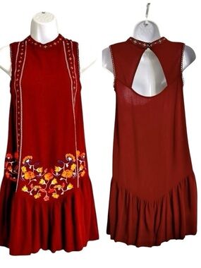 Boho Floral Embroidered Short Dress Sleeveless Gathered Hem‎ Cottagecore